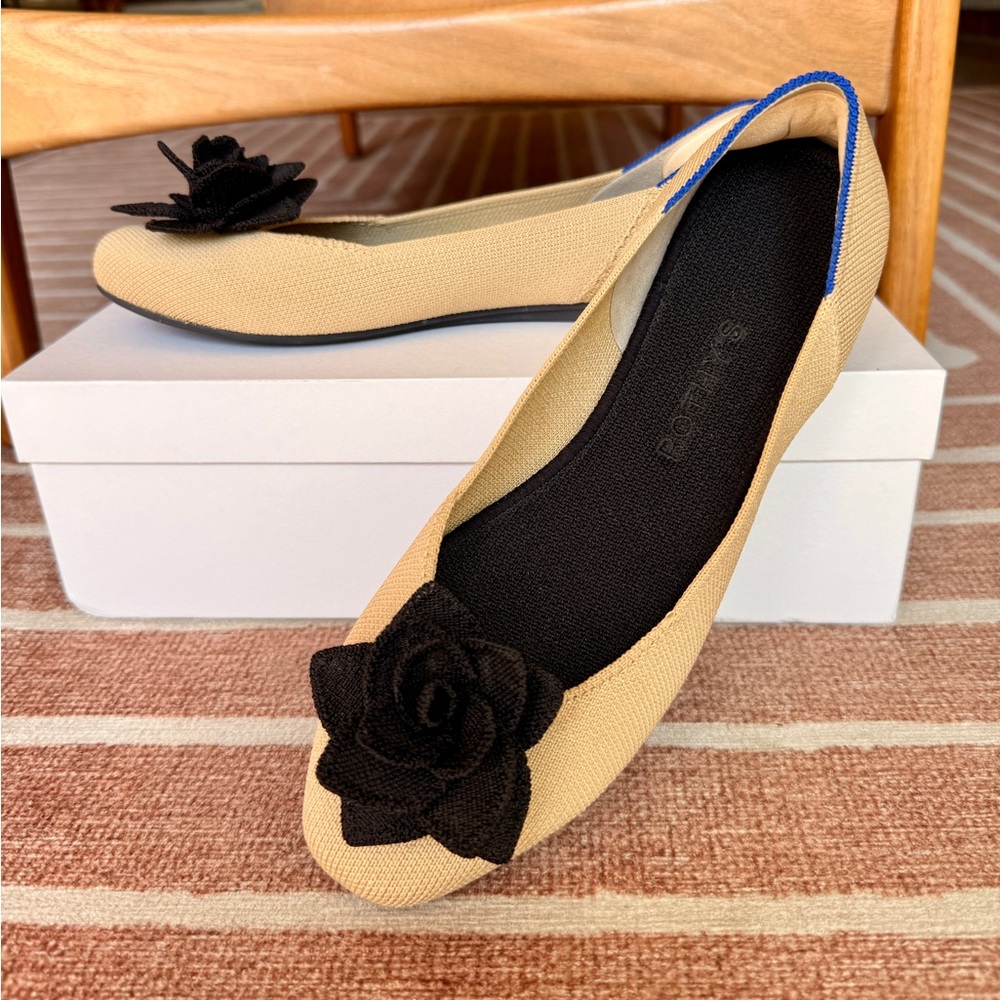 Rothy's Beige Flats with Black Floral Accent
